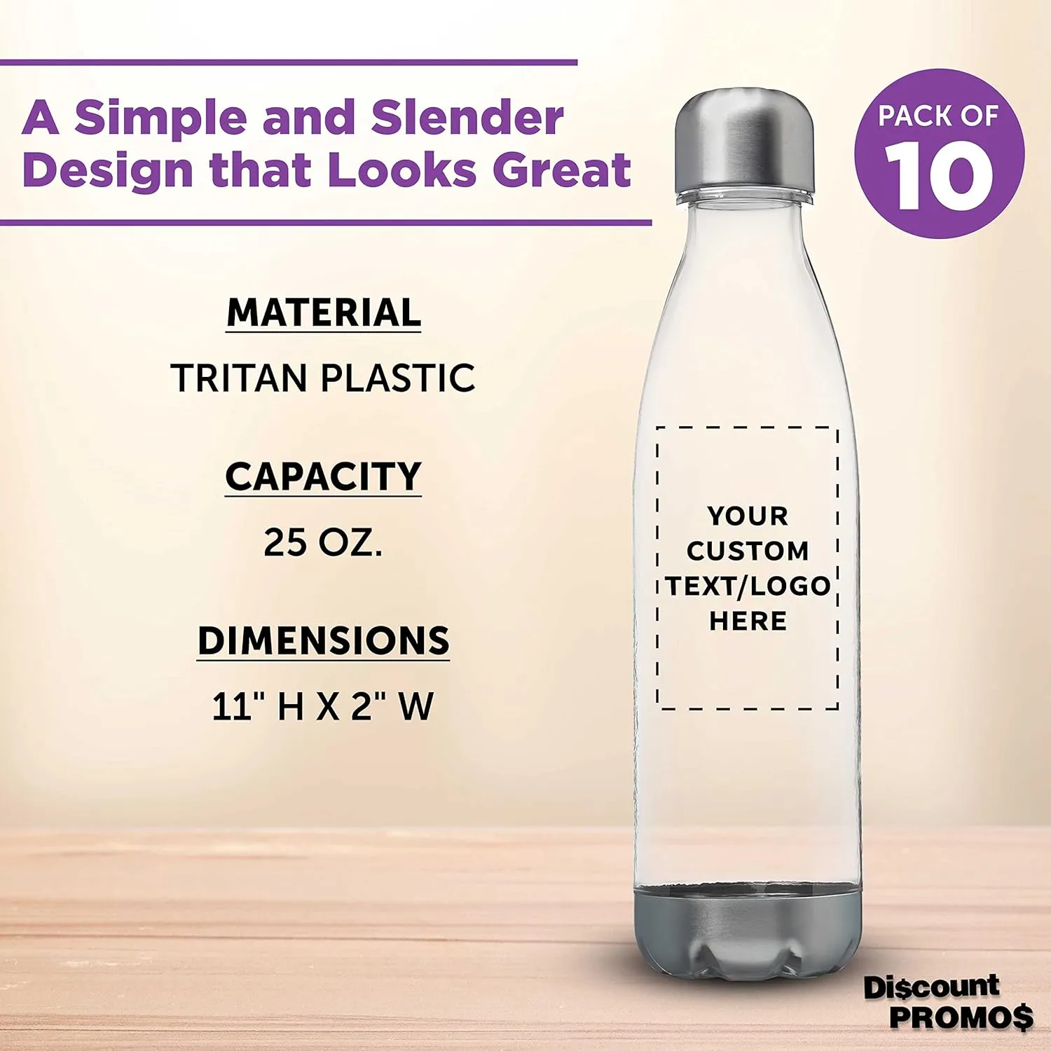 DISCOUNT PROMOS Custom Levian Cola Shaped Plastic Bottles 25 oz. Set of 10, Personalized Bulk Pack - BPA Free, Great for Gym, Hiking, Cycling, Yoga and More - Clear