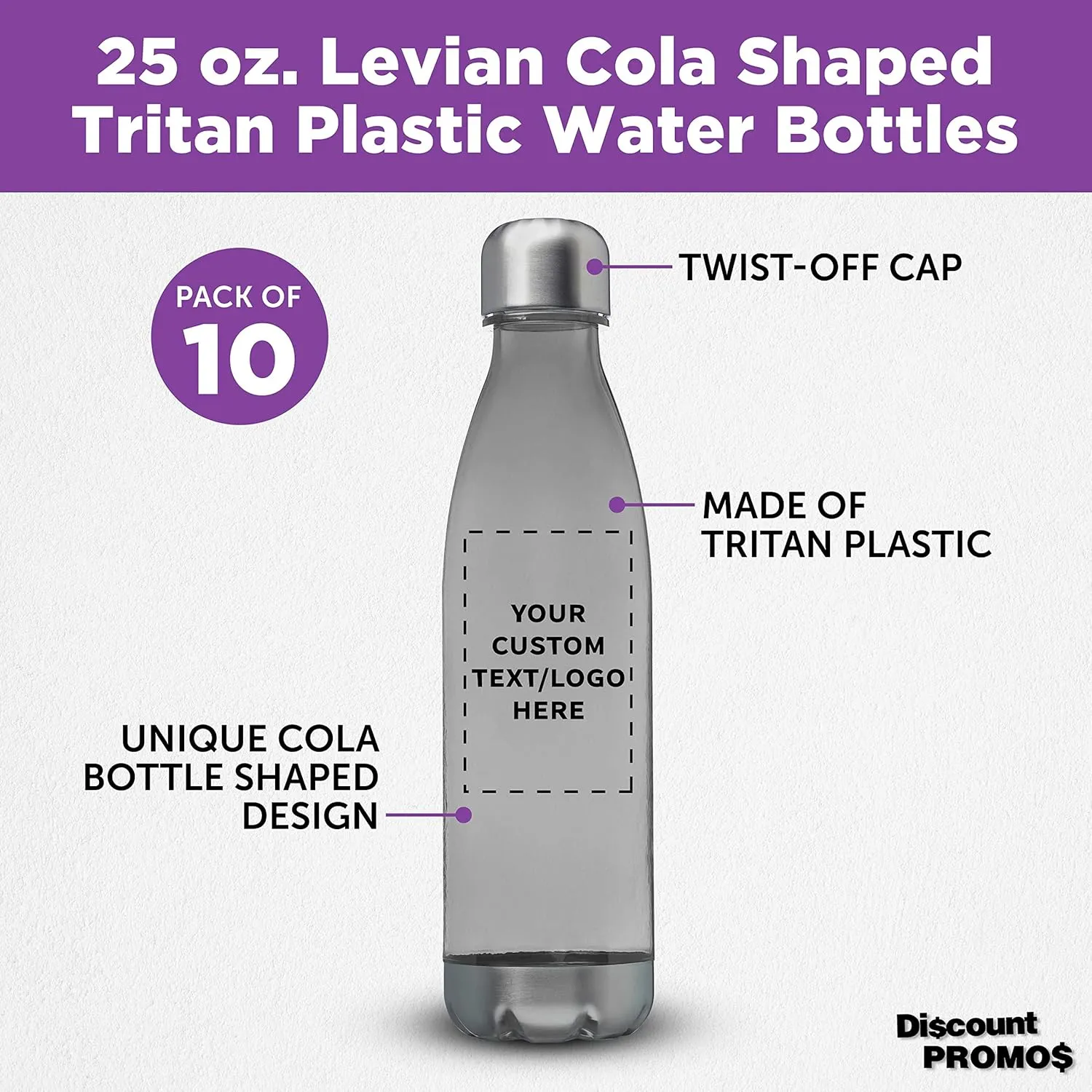 DISCOUNT PROMOS Custom Levian Cola Shaped Plastic Bottles 25 oz. Set of 10, Personalized Bulk Pack - BPA Free, Great for Gym, Hiking, Cycling, Yoga and More - Smoke