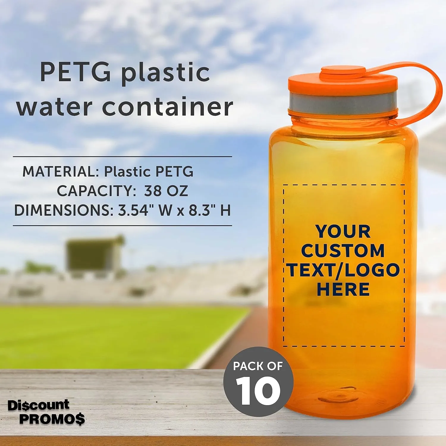 DISCOUNT PROMOS Custom Plastic Sports Water Bottles with Flip Lid 38 oz. Set of 10, Personalized Bulk Pack - Great for Gym, Hiking, Cycling, Camping, Backpacking, School - Orange