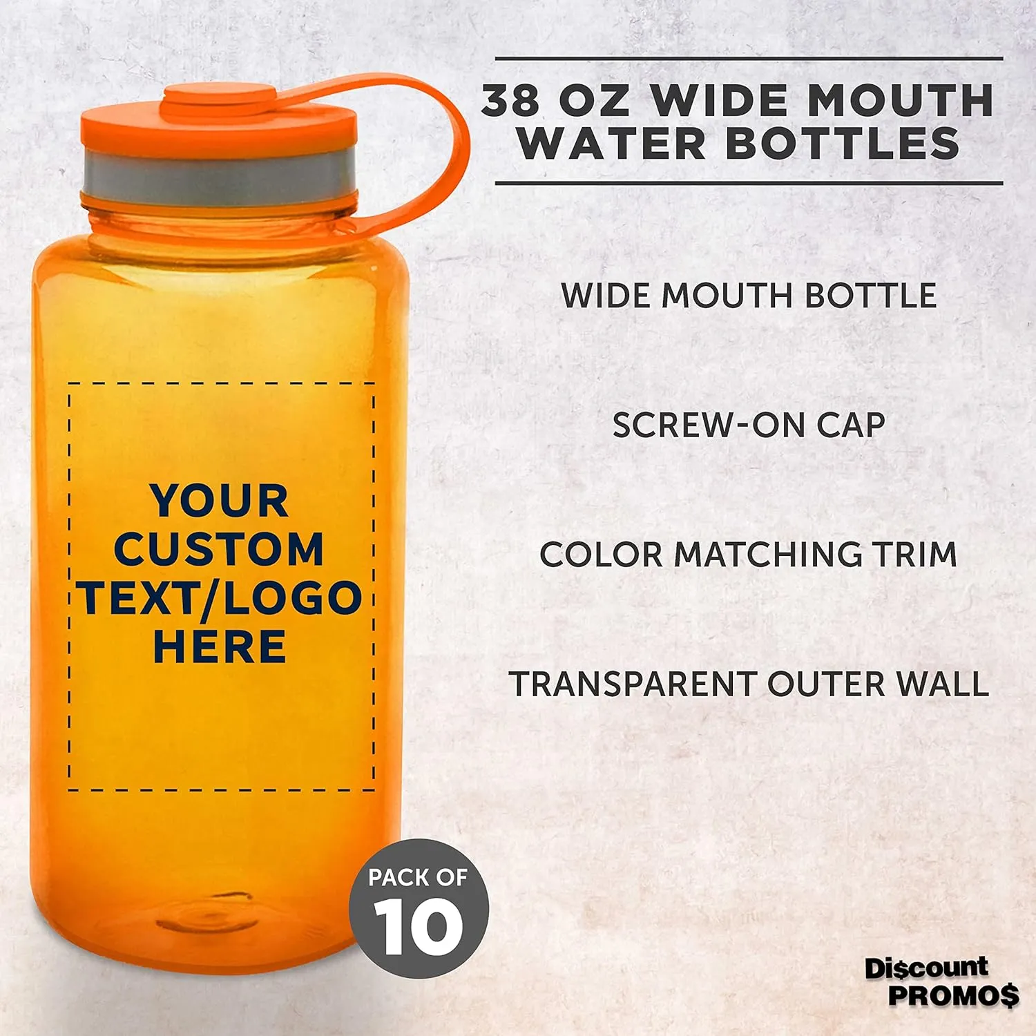 DISCOUNT PROMOS Custom Plastic Sports Water Bottles with Flip Lid 38 oz. Set of 10, Personalized Bulk Pack - Great for Gym, Hiking, Cycling, Camping, Backpacking, School - Orange