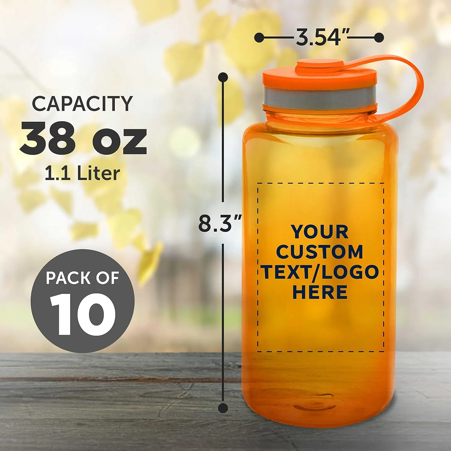 DISCOUNT PROMOS Custom Plastic Sports Water Bottles with Flip Lid 38 oz. Set of 10, Personalized Bulk Pack - Great for Gym, Hiking, Cycling, Camping, Backpacking, School - Orange