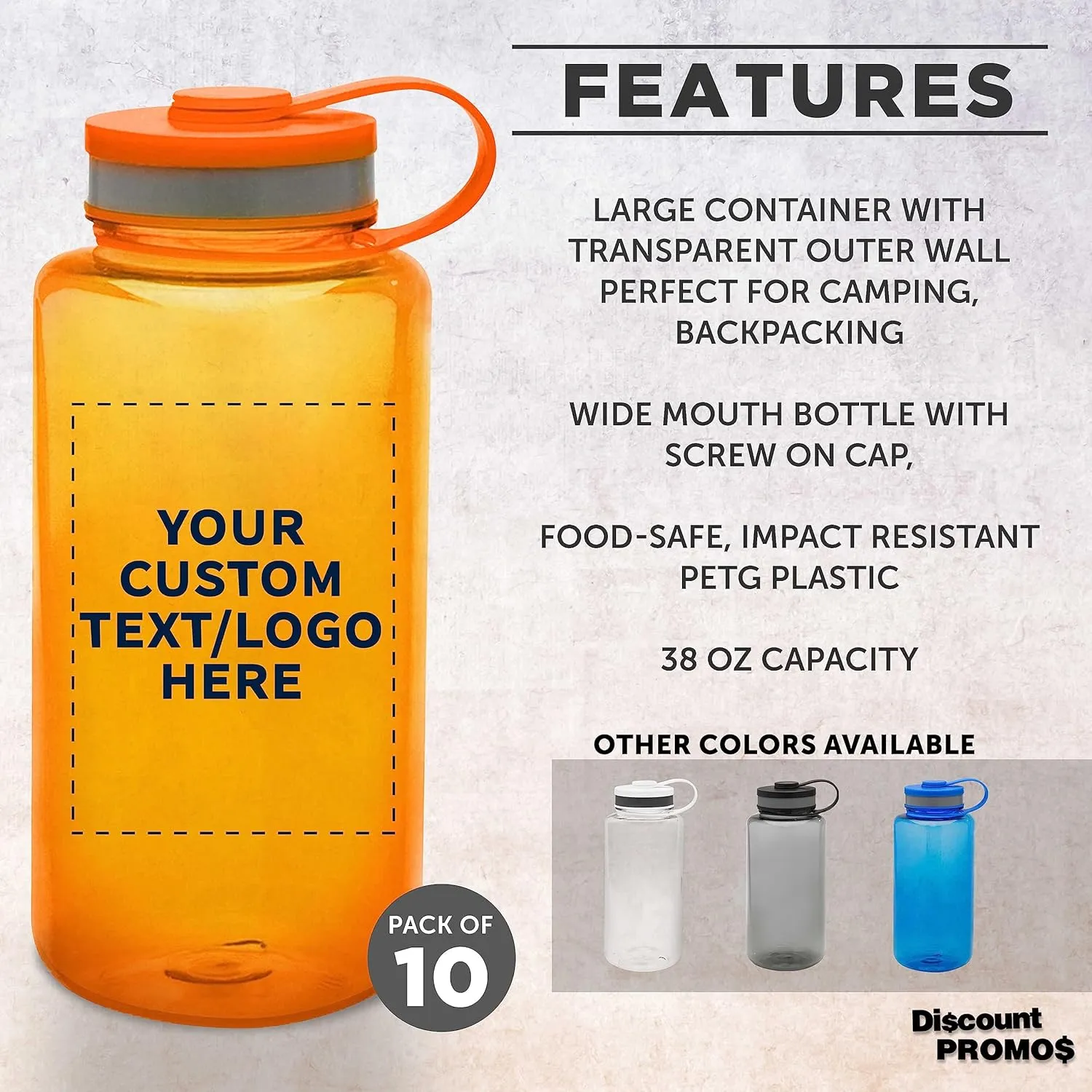 DISCOUNT PROMOS Custom Plastic Sports Water Bottles with Flip Lid 38 oz. Set of 10, Personalized Bulk Pack - Great for Gym, Hiking, Cycling, Camping, Backpacking, School - Orange