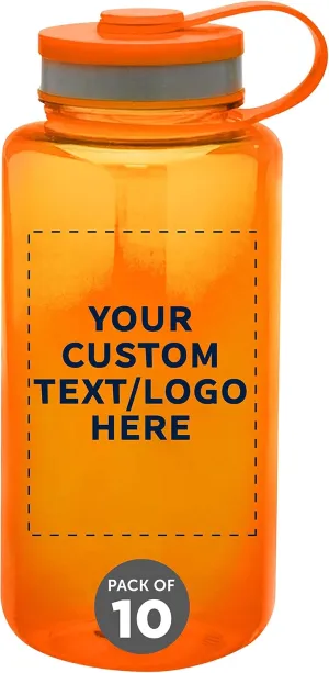 DISCOUNT PROMOS Custom Plastic Sports Water Bottles with Flip Lid 38 oz. Set of 10, Personalized Bulk Pack - Great for Gym, Hiking, Cycling, Camping, Backpacking, School - Orange