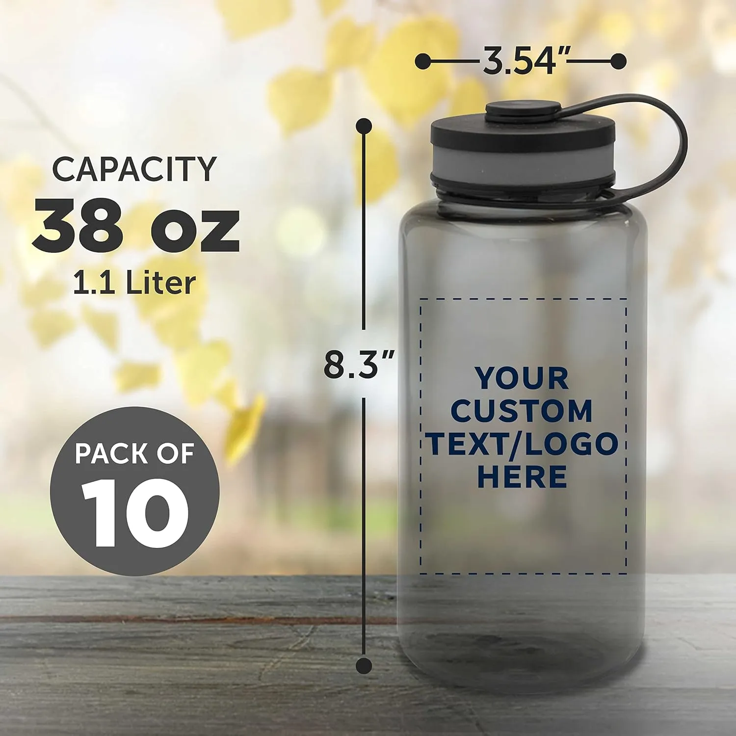 DISCOUNT PROMOS Custom Plastic Sports Water Bottles with Flip Lid 38 oz. Set of 10, Personalized Bulk Pack - Great for Gym, Hiking, Cycling, Camping, Backpacking, School - Smoke