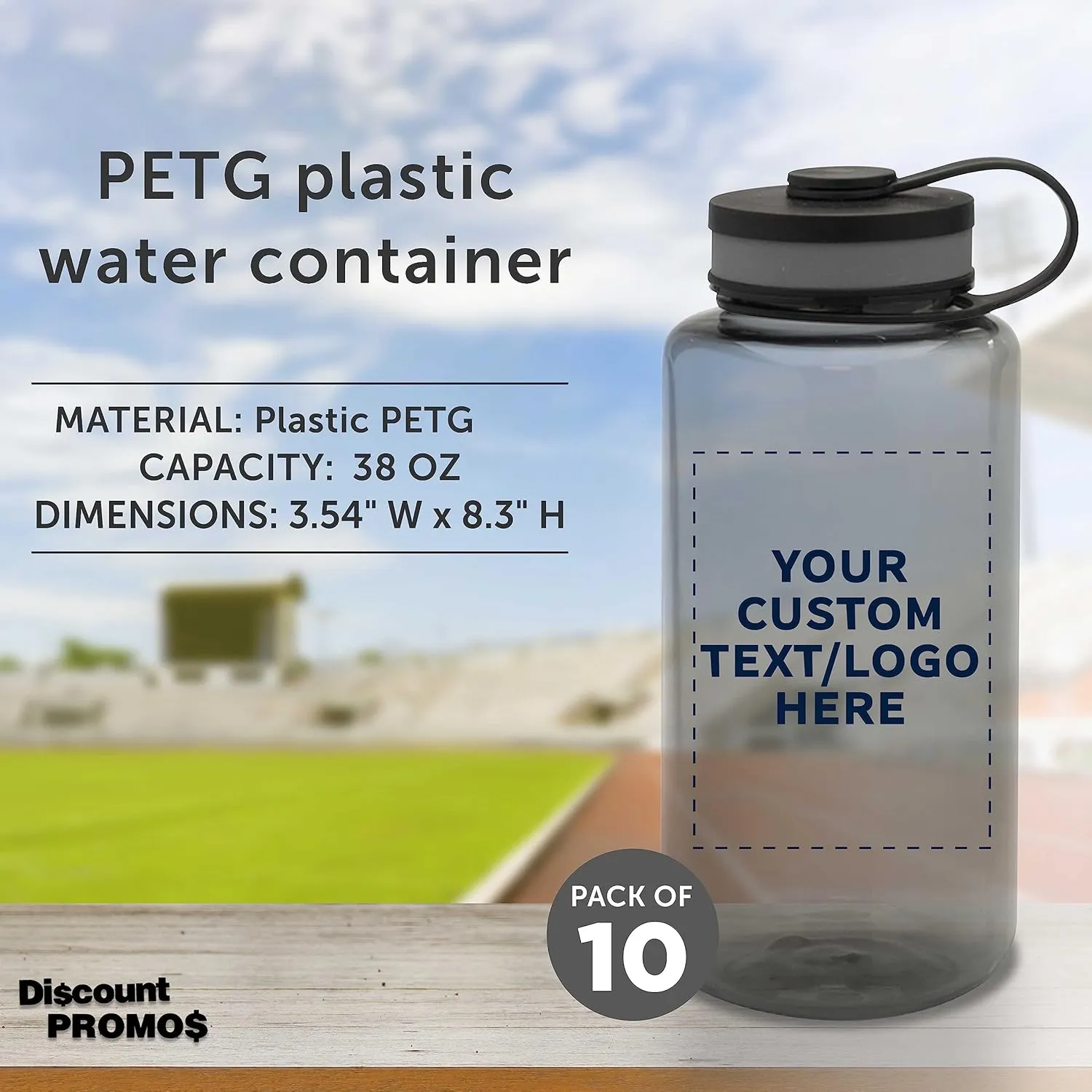 DISCOUNT PROMOS Custom Plastic Sports Water Bottles with Flip Lid 38 oz. Set of 10, Personalized Bulk Pack - Great for Gym, Hiking, Cycling, Camping, Backpacking, School - Smoke