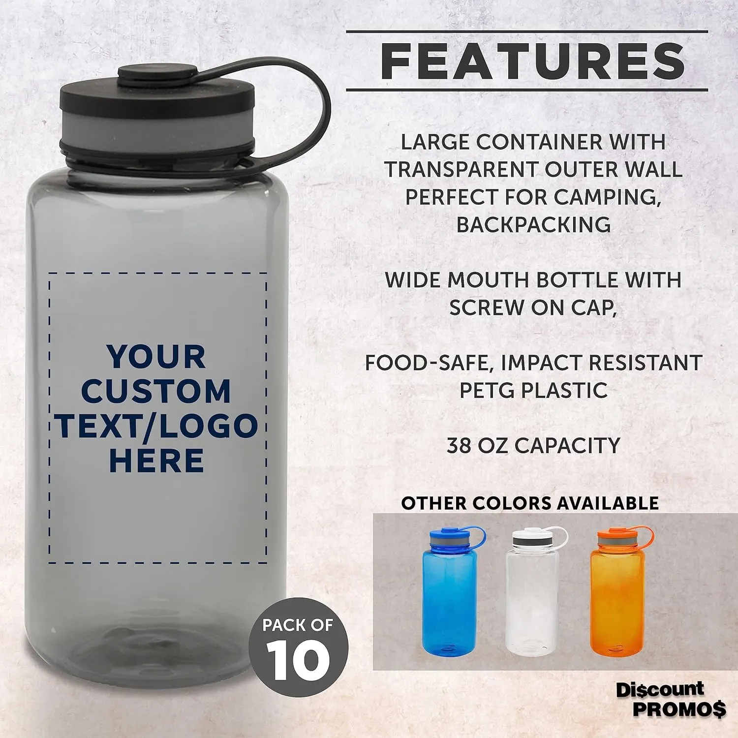DISCOUNT PROMOS Custom Plastic Sports Water Bottles with Flip Lid 38 oz. Set of 10, Personalized Bulk Pack - Great for Gym, Hiking, Cycling, Camping, Backpacking, School - Smoke