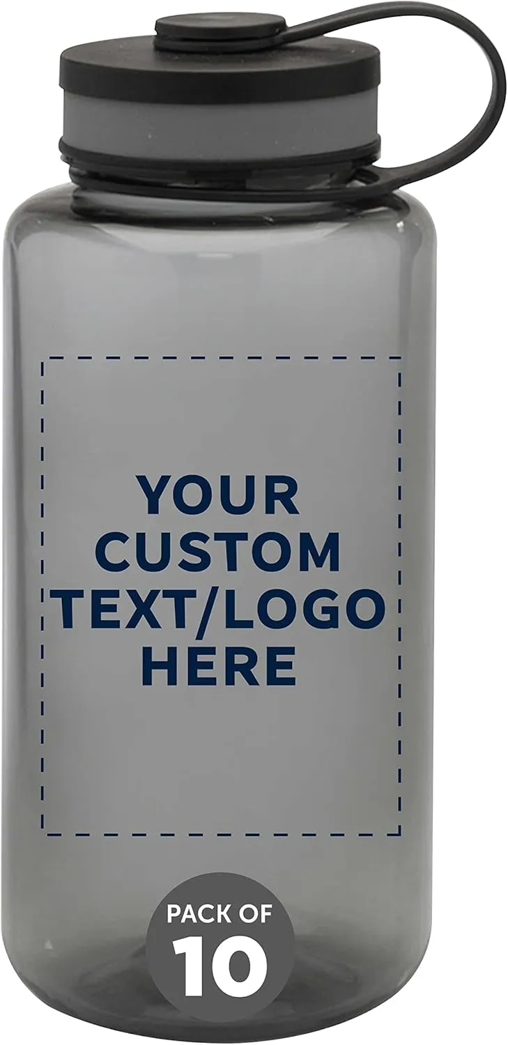 DISCOUNT PROMOS Custom Plastic Sports Water Bottles with Flip Lid 38 oz. Set of 10, Personalized Bulk Pack - Great for Gym, Hiking, Cycling, Camping, Backpacking, School - Smoke