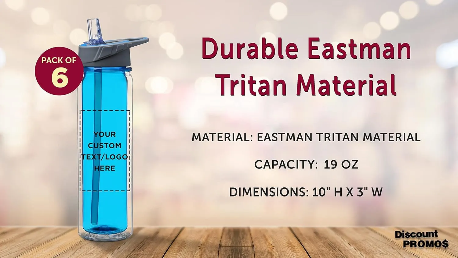 DISCOUNT PROMOS Custom Tritan Sports Bottles with Straw 19 oz. Set of 6, Personalized Bulk Pack - Great for Gym, Hiking, Cycling, Camping, Backpacking, School - Blue