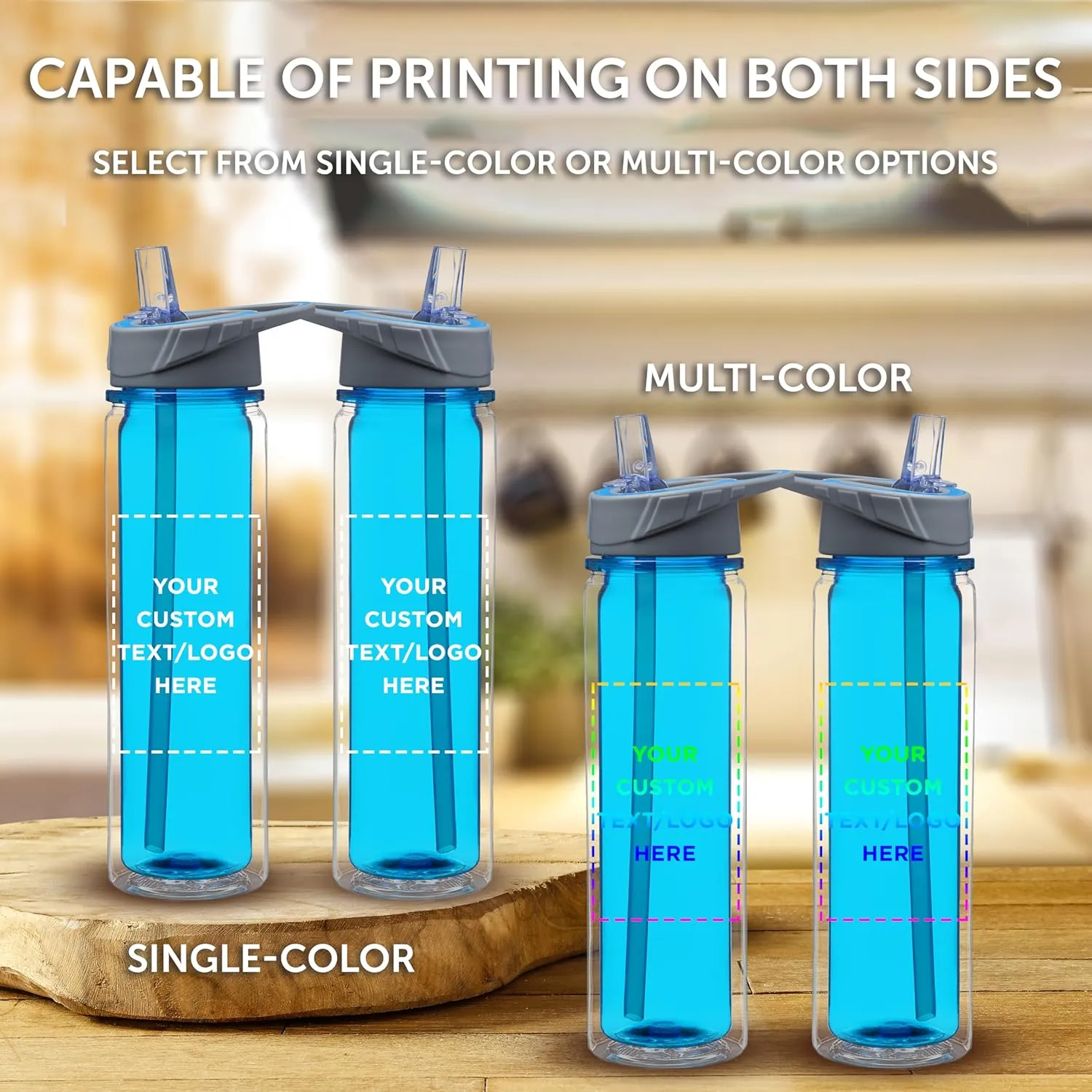 DISCOUNT PROMOS Custom Tritan Sports Bottles with Straw 19 oz. Set of 6, Personalized Bulk Pack - Great for Gym, Hiking, Cycling, Camping, Backpacking, School - Blue