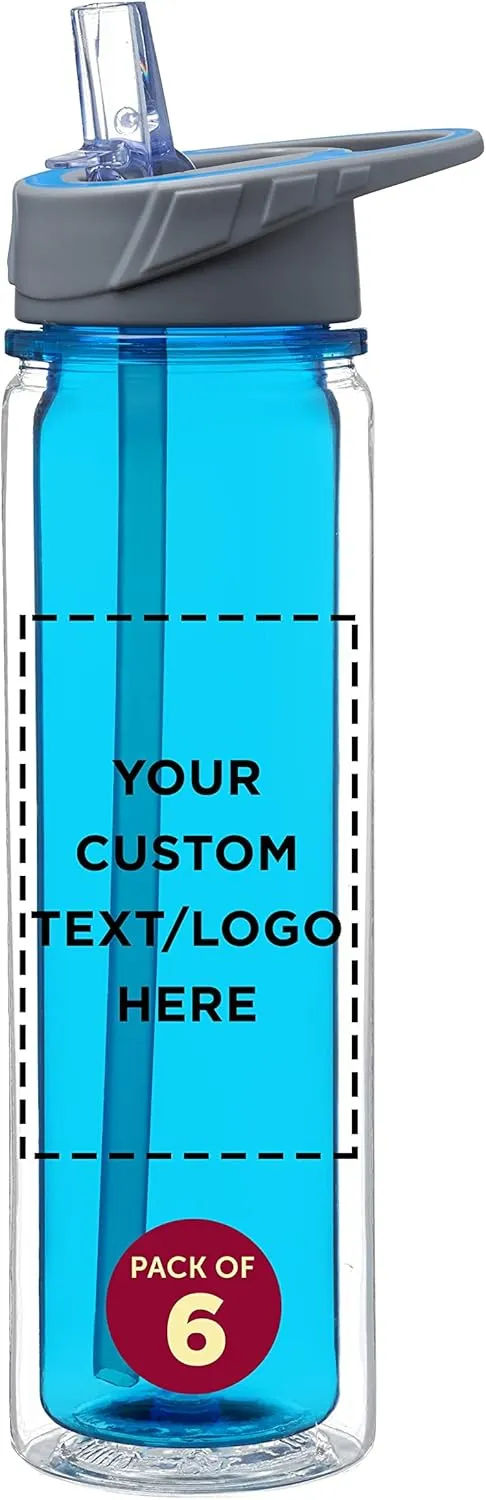DISCOUNT PROMOS Custom Tritan Sports Bottles with Straw 19 oz. Set of 6, Personalized Bulk Pack - Great for Gym, Hiking, Cycling, Camping, Backpacking, School - Blue