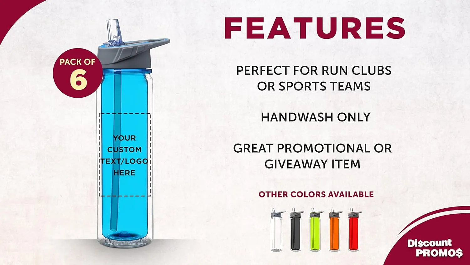 DISCOUNT PROMOS Custom Tritan Sports Bottles with Straw 19 oz. Set of 6, Personalized Bulk Pack - Great for Gym, Hiking, Cycling, Camping, Backpacking, School - Blue