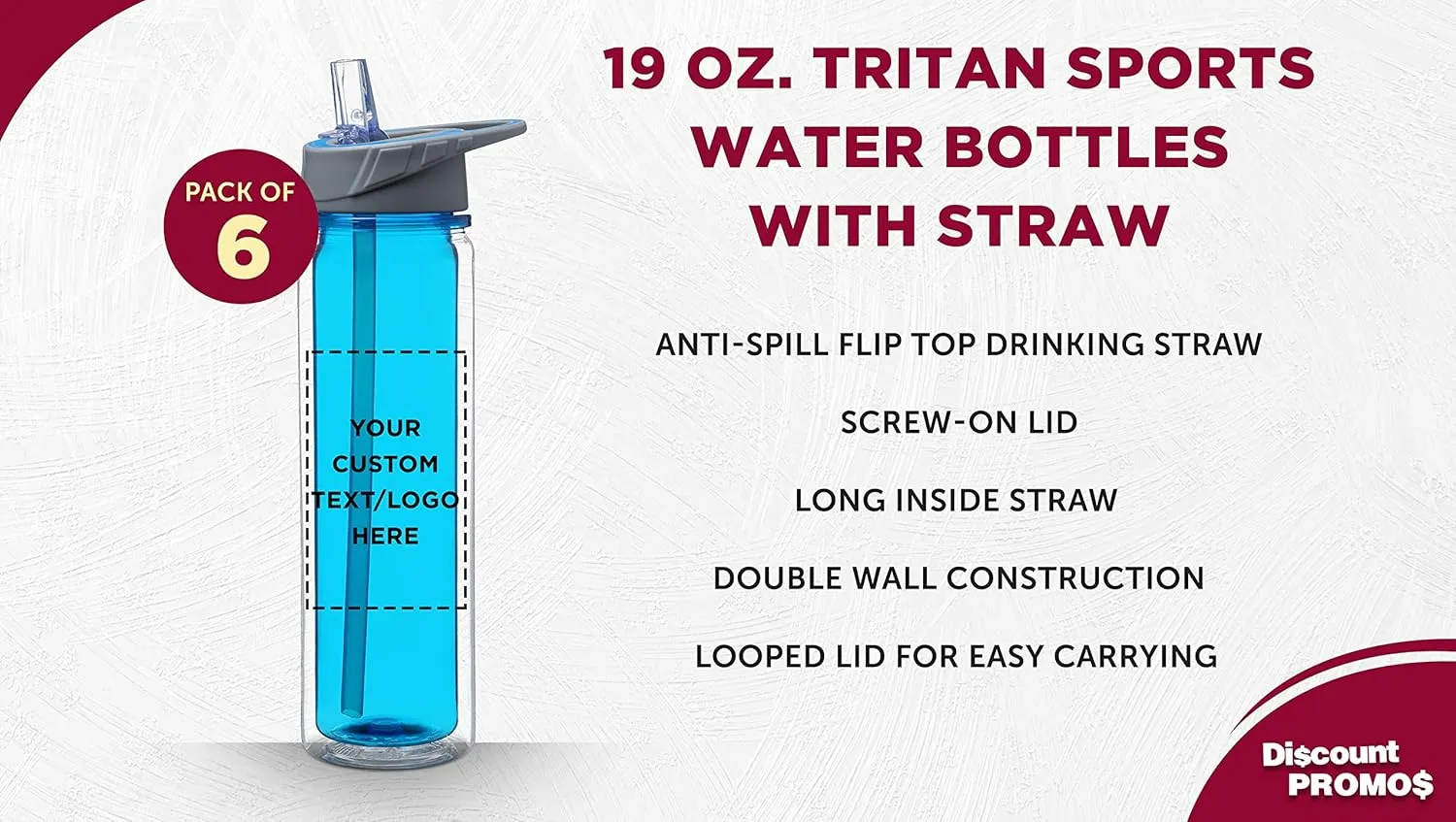 DISCOUNT PROMOS Custom Tritan Sports Bottles with Straw 19 oz. Set of 6, Personalized Bulk Pack - Great for Gym, Hiking, Cycling, Camping, Backpacking, School - Blue