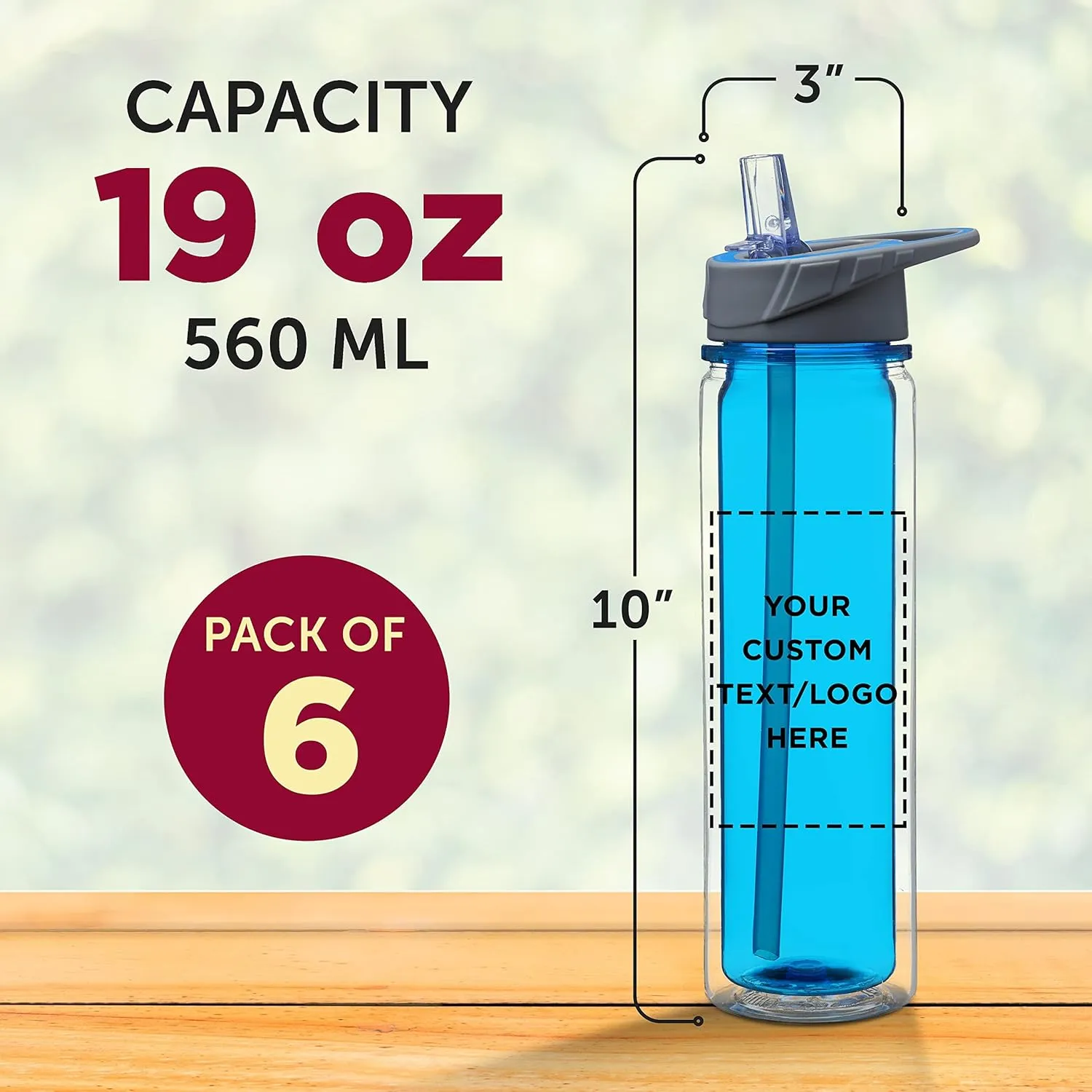 DISCOUNT PROMOS Custom Tritan Sports Bottles with Straw 19 oz. Set of 6, Personalized Bulk Pack - Great for Gym, Hiking, Cycling, Camping, Backpacking, School - Blue