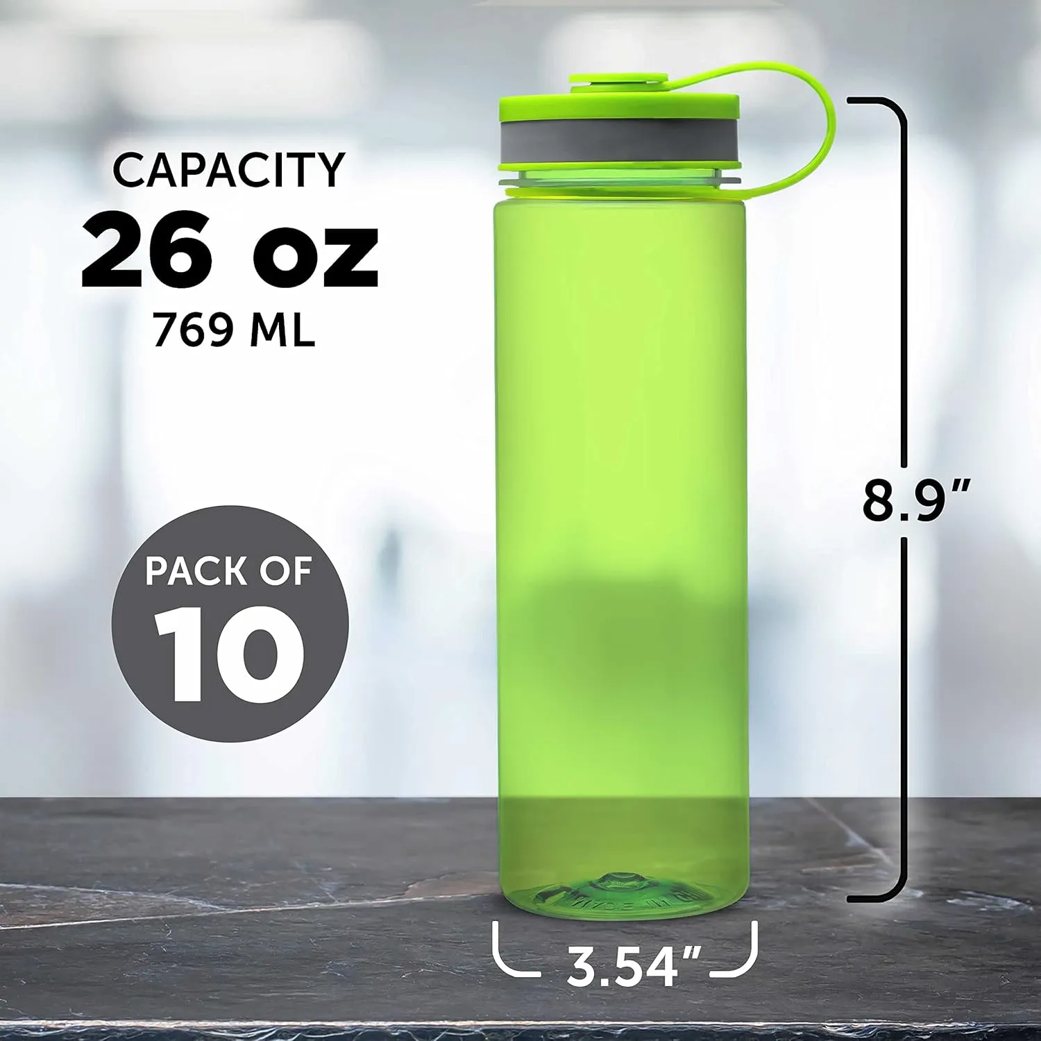 DISCOUNT PROMOS Wide Mouth Water Bottles 26 oz. Set of 10, Bulk Pack - BPA Free, Great for Gym, Camping, Backpacking, School - Lime Green