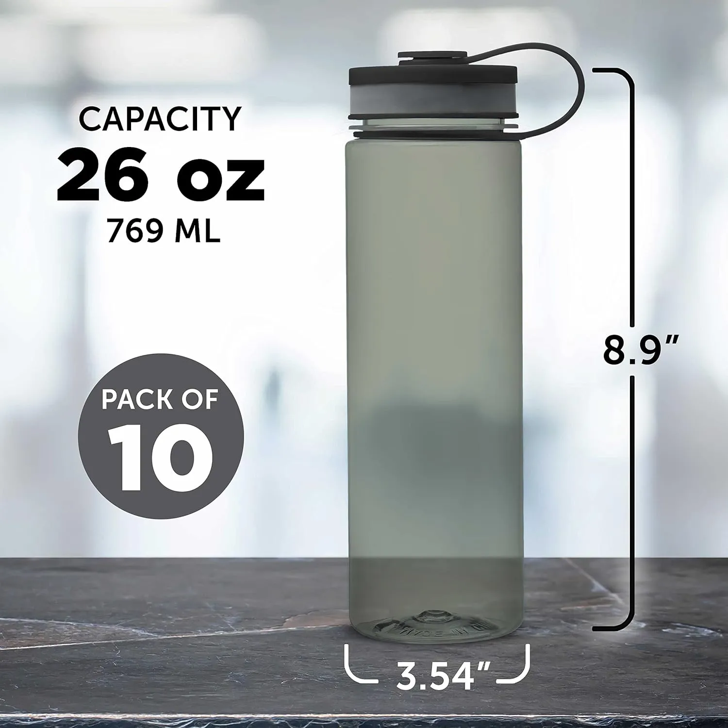 DISCOUNT PROMOS Wide Mouth Water Bottles 26 oz. Set of 10, Bulk Pack - BPA Free, Great for Gym, Camping, Backpacking, School - Smoke