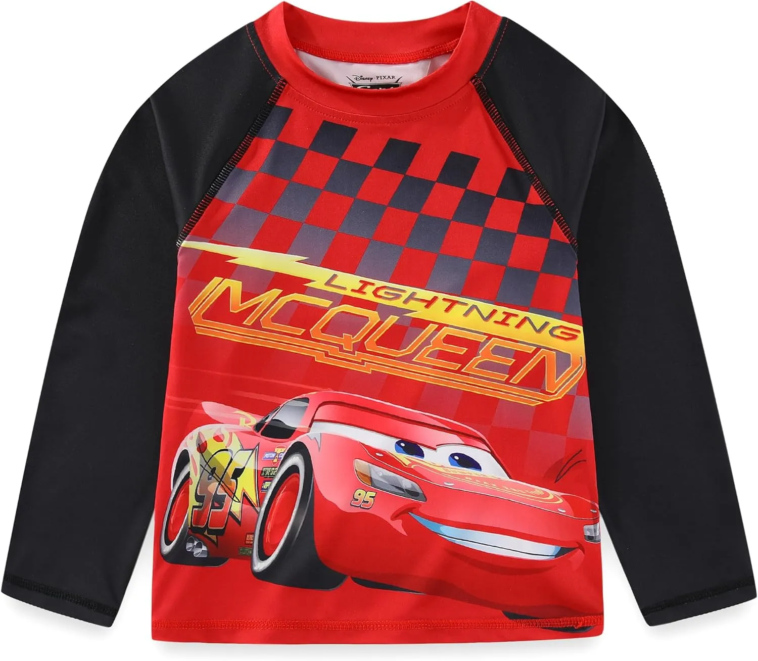 Disney Cars Lightning McQueen Boys UPF 50  Rash Guard and Swim Trunks Swimsuit Set for Toddler and Big Kids