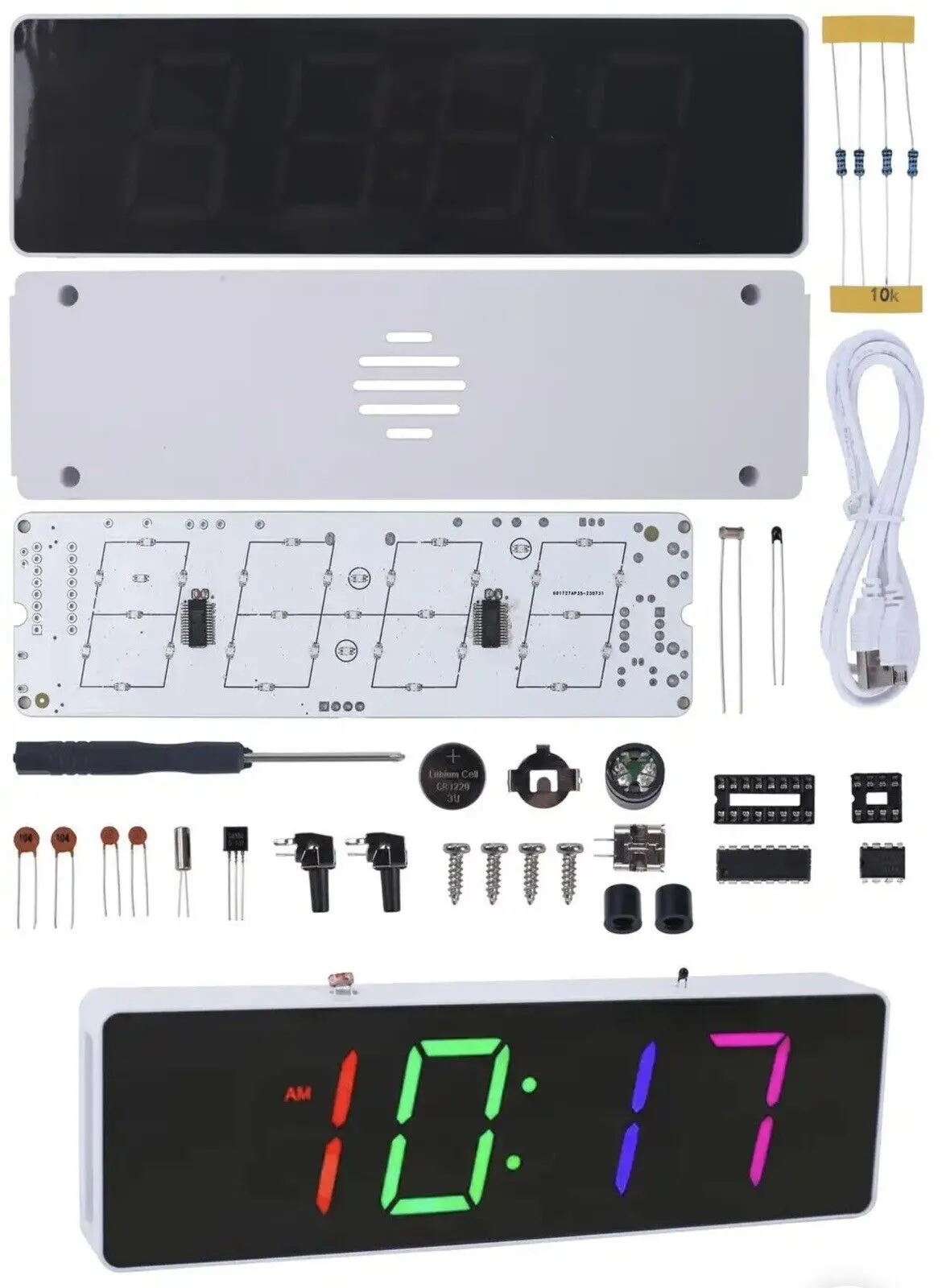 DIY 4 Digit RGB Clock Kit Temp Auto Brightness Alarm Soldering Practice Inc Case