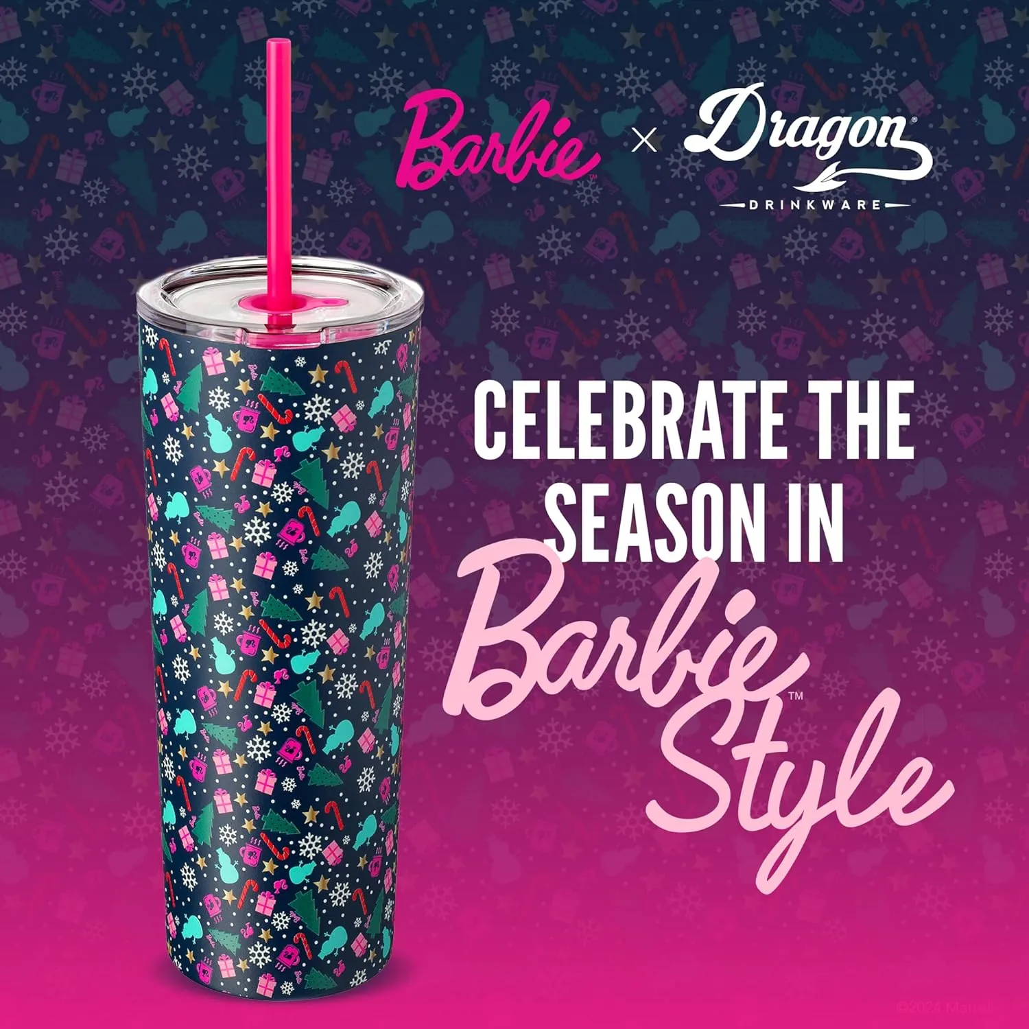 Dragon Glassware x Barbie 24 oz Insulated Stainless Steel Tumbler with Lid and 2 Straws - Festive Holiday Travel Coffee Tumbler Cup to Keep Drinks Hot or Cold, Fits Cup Holders - Christmas Theme