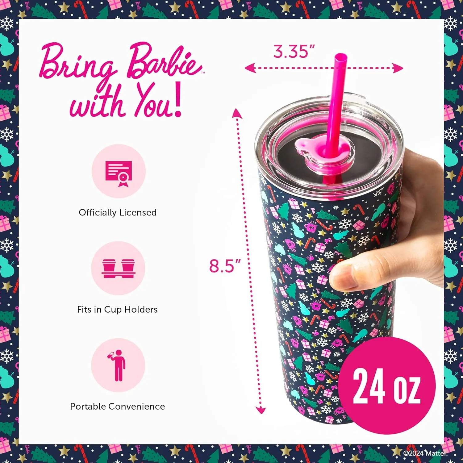 Dragon Glassware x Barbie 24 oz Insulated Stainless Steel Tumbler with Lid and 2 Straws - Festive Holiday Travel Coffee Tumbler Cup to Keep Drinks Hot or Cold, Fits Cup Holders - Christmas Theme