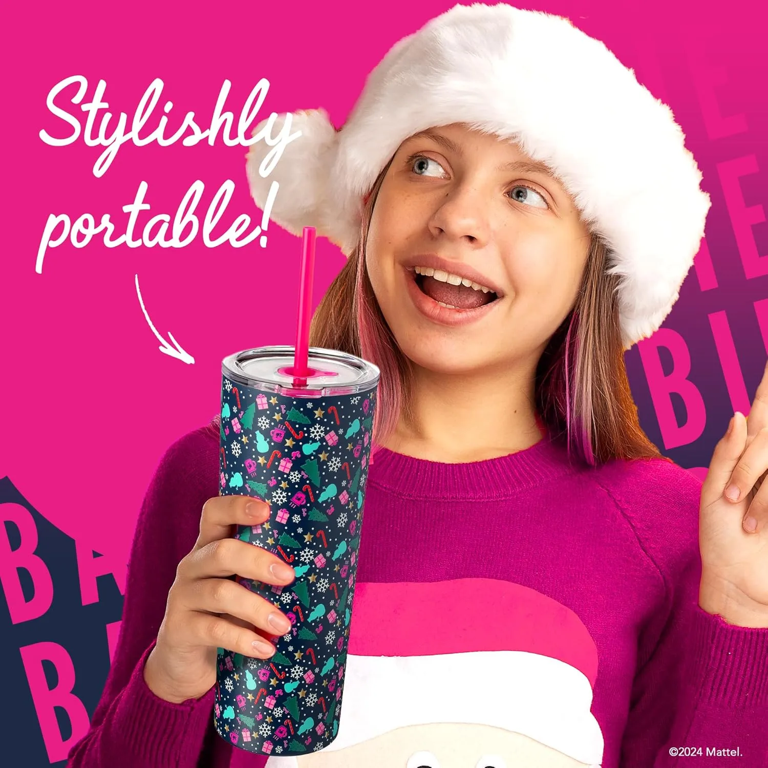 Dragon Glassware x Barbie 24 oz Insulated Stainless Steel Tumbler with Lid and 2 Straws - Festive Holiday Travel Coffee Tumbler Cup to Keep Drinks Hot or Cold, Fits Cup Holders - Christmas Theme