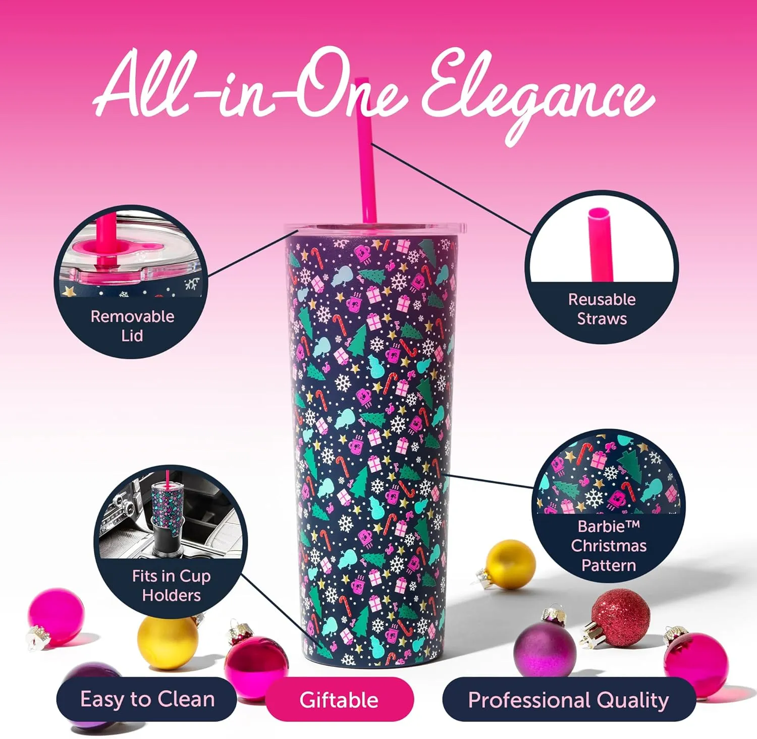 Dragon Glassware x Barbie 24 oz Insulated Stainless Steel Tumbler with Lid and 2 Straws - Festive Holiday Travel Coffee Tumbler Cup to Keep Drinks Hot or Cold, Fits Cup Holders - Christmas Theme