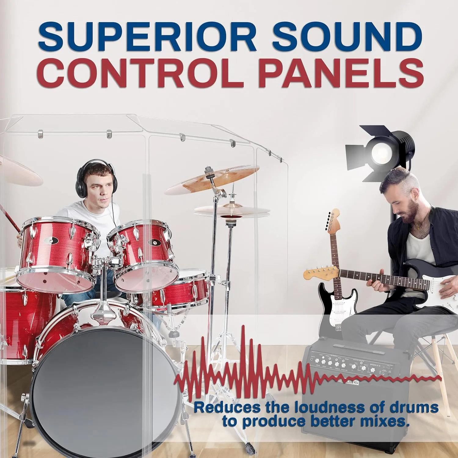 Drum Shield 5.5ft w/Deflectors & Plastic Hinges, Comes w/ 3 Drum Panels, Plastic Hinges & Deflector Connectors, Premium Clear Acrylic Panels