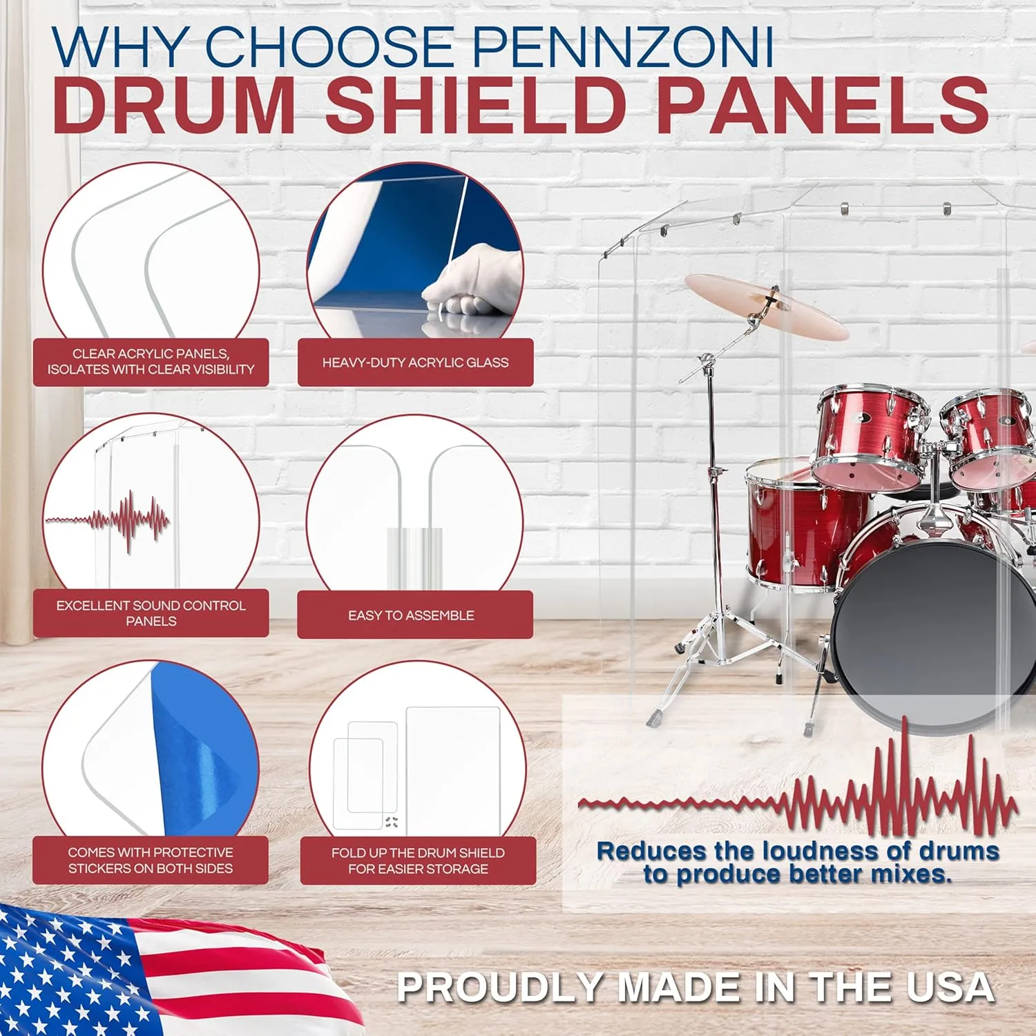 Drum Shield 5.5ft w/Deflectors & Plastic Hinges, Comes w/ 3 Drum Panels, Plastic Hinges & Deflector Connectors, Premium Clear Acrylic Panels