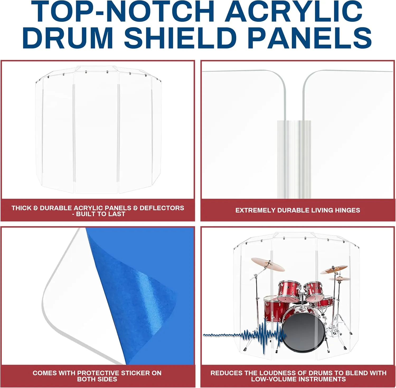 Drum Shield 6ft w/Deflectors & Plastic Hinges, Comes w/ 5 Drum Panels, Plastic Hinges & Deflector Connectors, Premium Clear Acrylic Panels