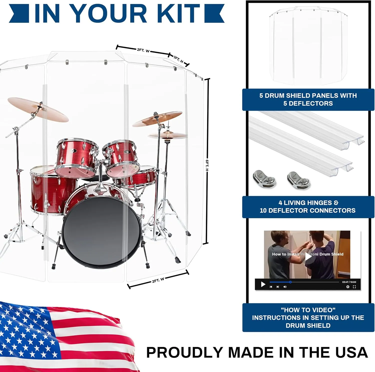 Drum Shield 6ft w/Deflectors & Plastic Hinges, Comes w/ 5 Drum Panels, Plastic Hinges & Deflector Connectors, Premium Clear Acrylic Panels