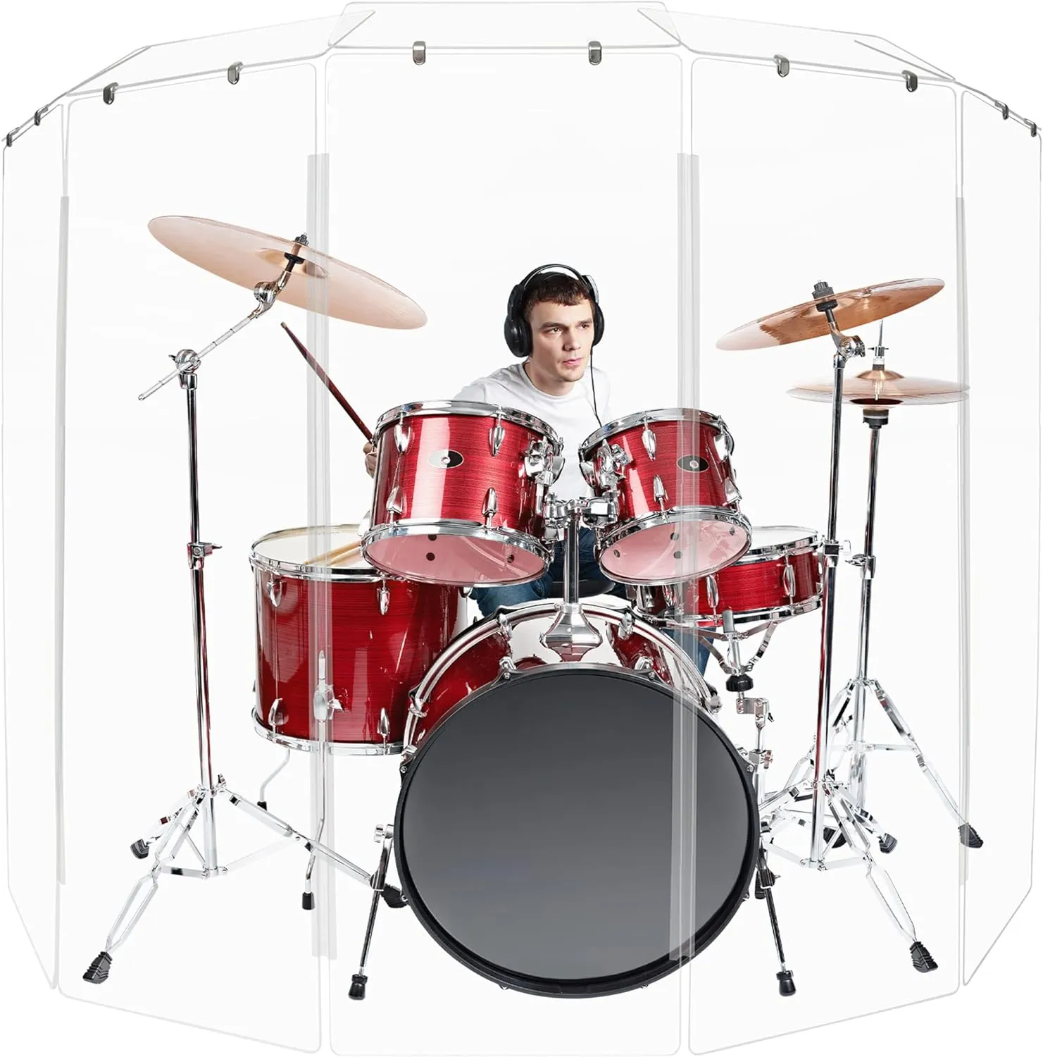 Drum Shield 6ft w/Deflectors & Plastic Hinges, Comes w/ 5 Drum Panels, Plastic Hinges & Deflector Connectors, Premium Clear Acrylic Panels