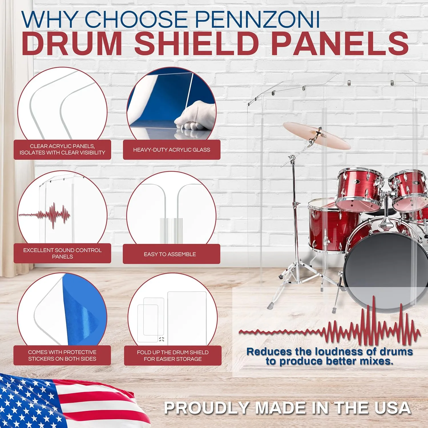 Drum Shield 6ft w/Deflectors & Plastic Hinges, Comes w/ 5 Drum Panels, Plastic Hinges & Deflector Connectors, Premium Clear Acrylic Panels