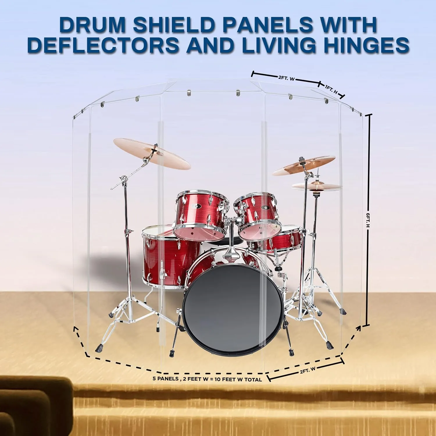 Drum Shield 6ft w/Deflectors & Plastic Hinges, Comes w/ 5 Drum Panels, Plastic Hinges & Deflector Connectors, Premium Clear Acrylic Panels