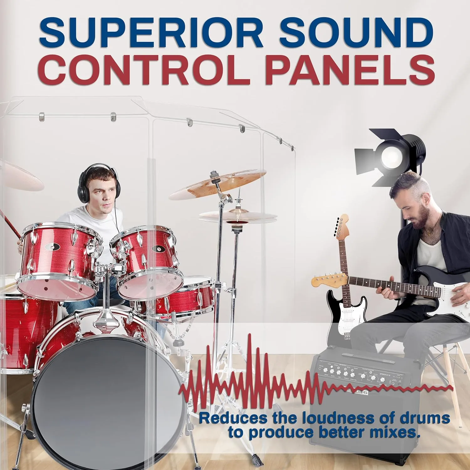 Drum Shield 6ft w/Deflectors & Plastic Hinges, Comes w/ 5 Drum Panels, Plastic Hinges & Deflector Connectors, Premium Clear Acrylic Panels