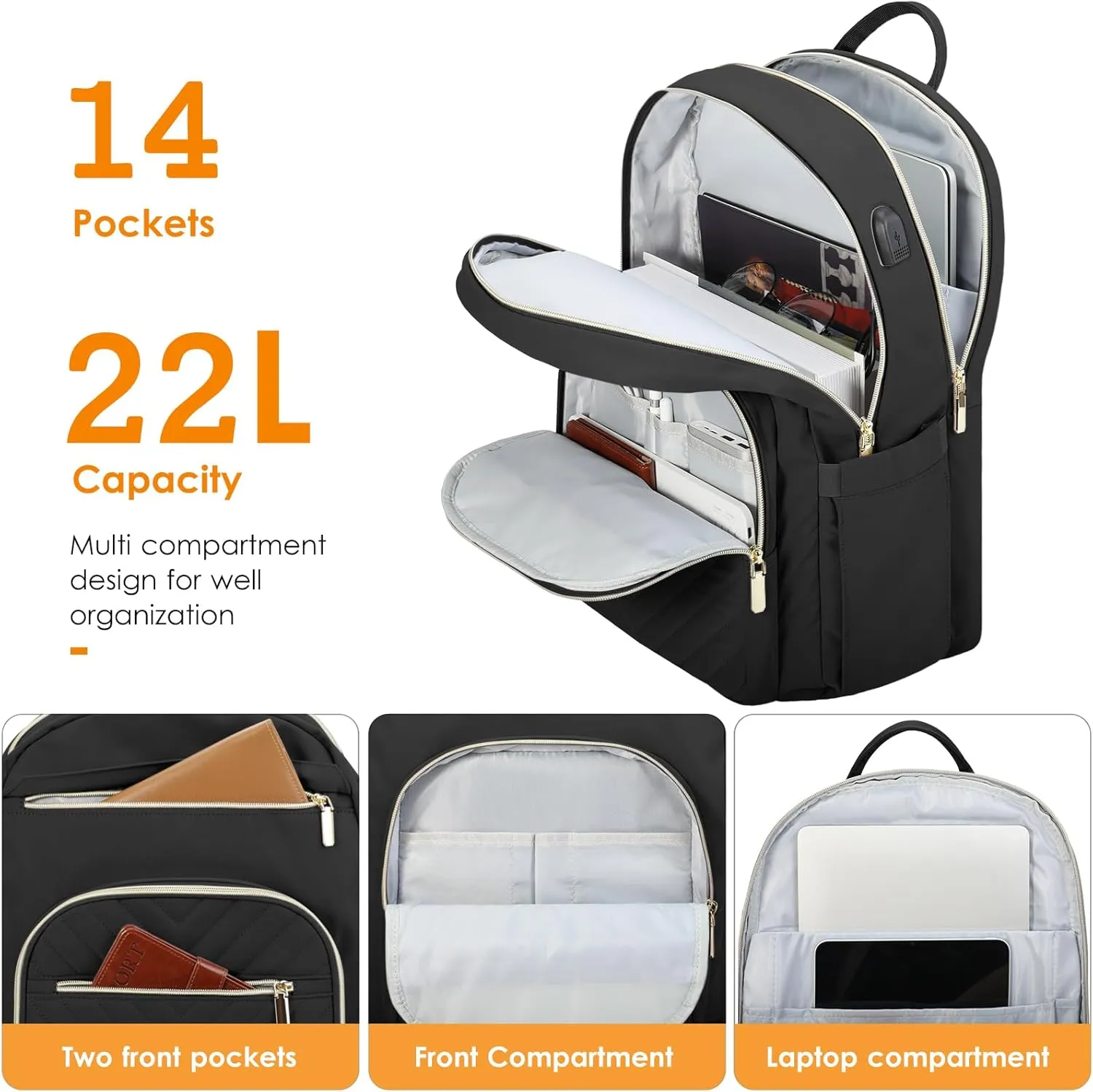 DTTO 15.6 Inch Laptop Backpack for Women, Travel Backpack with USB Charging Port, Fashion Work Computer Bags for Nurse Teacher, Waterproof College Backpack Casual Daypacks, Black