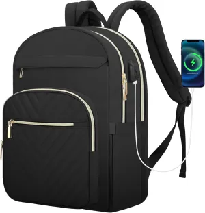 DTTO 15.6 Inch Laptop Backpack for Women, Travel Backpack with USB Charging Port, Fashion Work Computer Bags for Nurse Teacher, Waterproof College Backpack Casual Daypacks, Black