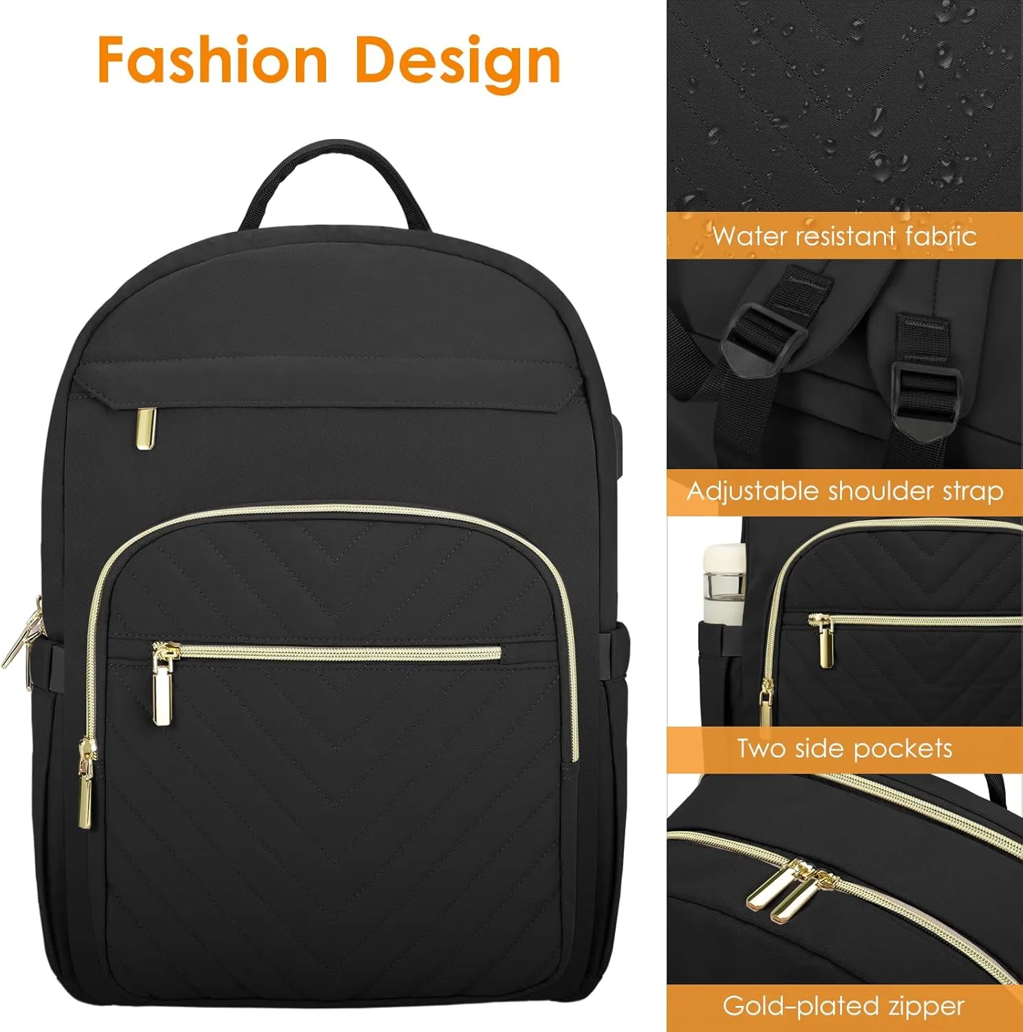 DTTO 15.6 Inch Laptop Backpack for Women, Travel Backpack with USB Charging Port, Fashion Work Computer Bags for Nurse Teacher, Waterproof College Backpack Casual Daypacks, Black