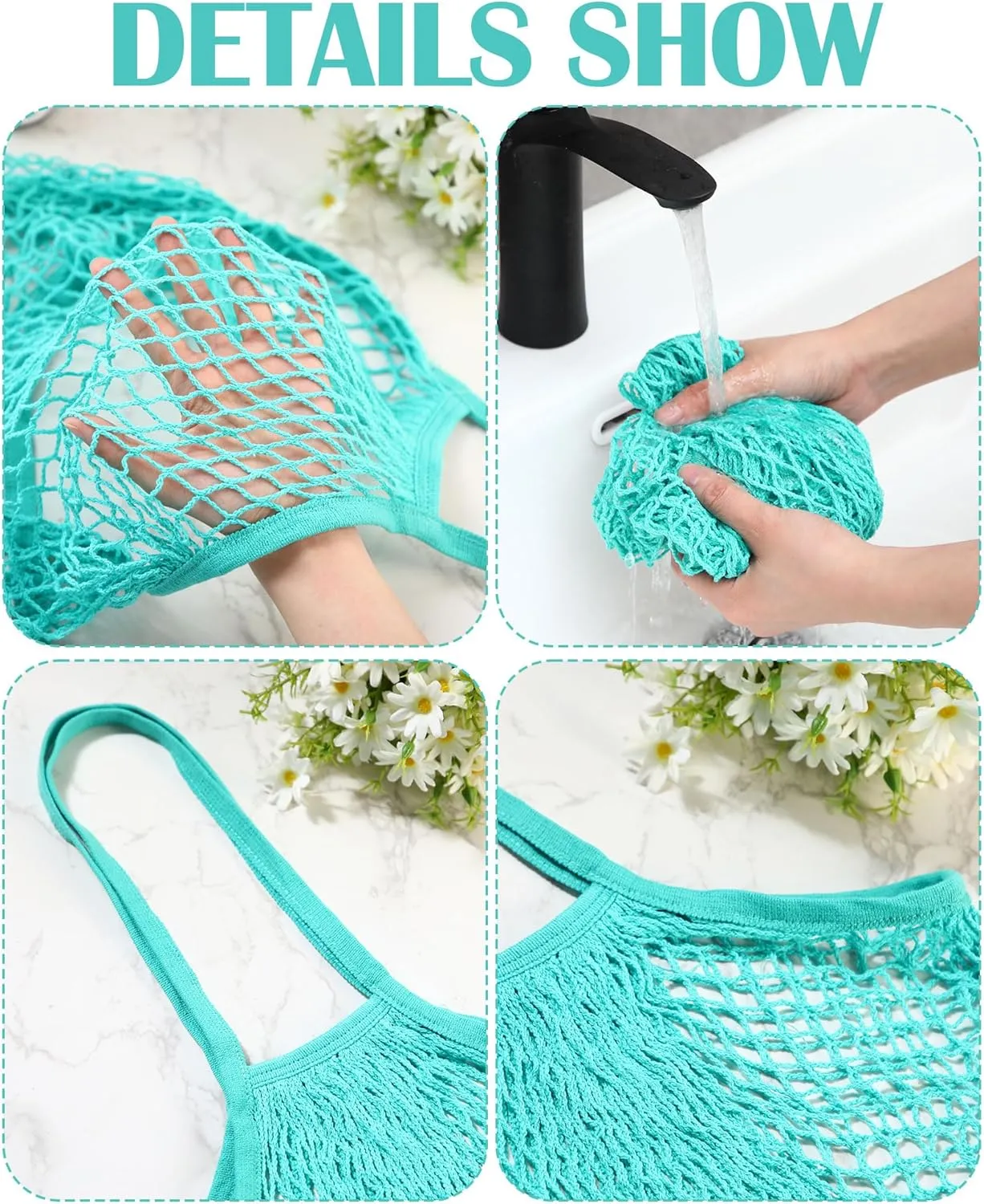 Eccliy 12 Pieces Mesh Grocery Bag Beach Bags Bulk Reusable Cotton Aesthetic Portable Tote with Handles for Fruit Vegetable (Teal)