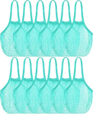 Eccliy 12 Pieces Mesh Grocery Bag Beach Bags Bulk Reusable Cotton Aesthetic Portable Tote with Handles for Fruit Vegetable (Teal)