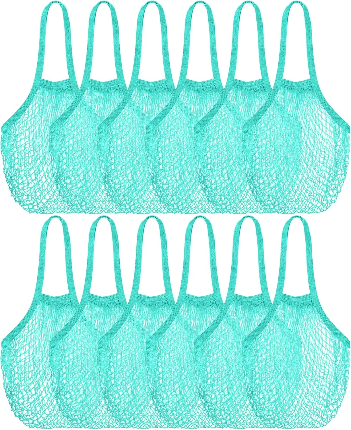 Eccliy 12 Pieces Mesh Grocery Bag Beach Bags Bulk Reusable Cotton Aesthetic Portable Tote with Handles for Fruit Vegetable (Teal)