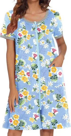 Ekouaer Women Zipper Front House Coat Short Sleeves Robe Zip Up Bathrobes Short Nightgown with Pockets S-3XL