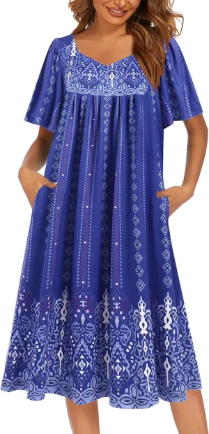 Ekouaer Women's House Dress - Pleated Nightgown with Short Sleeves & Pockets