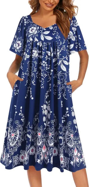 Ekouaer Women's House Dress - Pleated Nightgown with Short Sleeves & Pockets