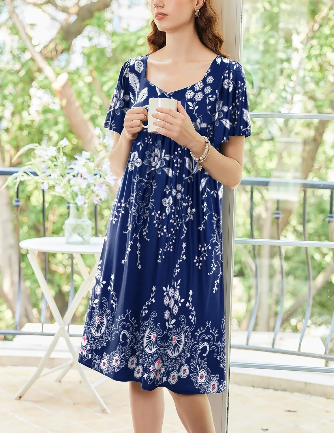 Ekouaer Women's House Dress - Pleated Nightgown with Short Sleeves & Pockets