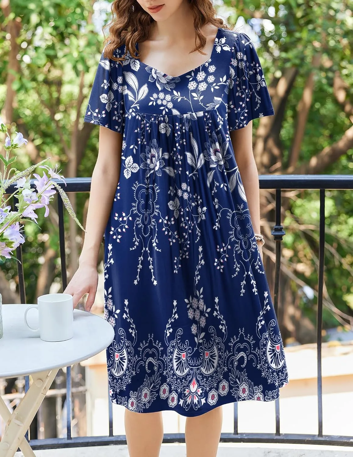 Ekouaer Women's House Dress - Pleated Nightgown with Short Sleeves & Pockets