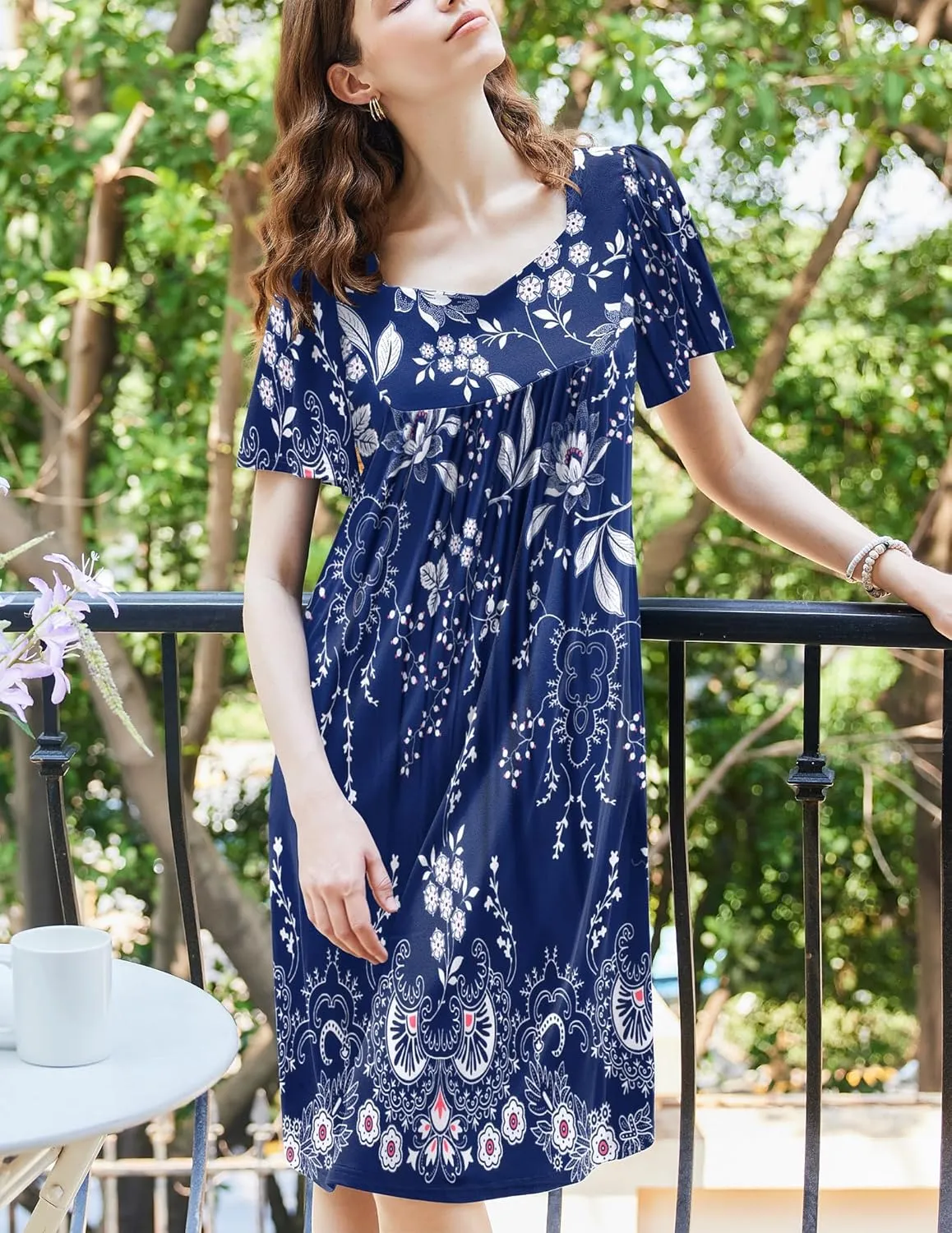Ekouaer Women's House Dress - Pleated Nightgown with Short Sleeves & Pockets