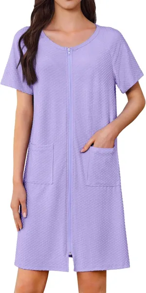 Ekouaer Women's Zipper Robe Short Sleeves Swiss Dots Housecoat Zip Up Bathrobe Soft Nightgown with Pockets S-3XL