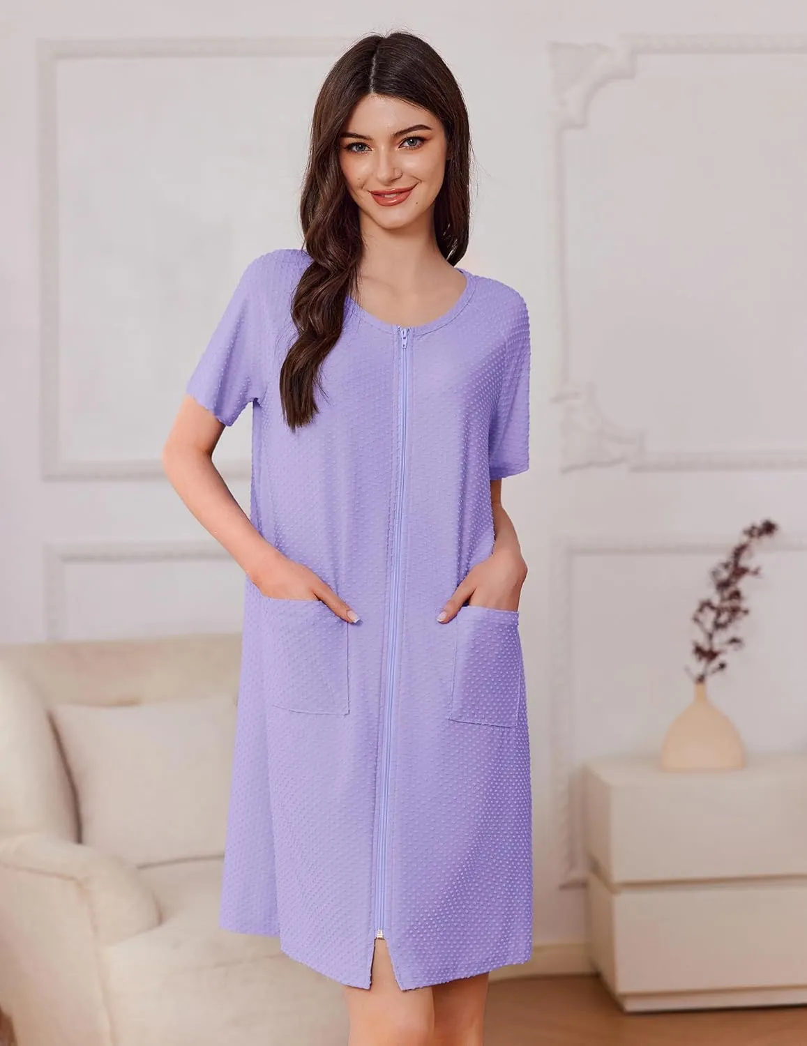Ekouaer Women's Zipper Robe Short Sleeves Swiss Dots Housecoat Zip Up Bathrobe Soft Nightgown with Pockets S-3XL