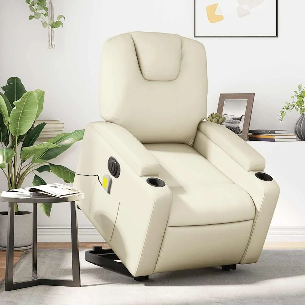 Electric Stand Up Massage Recliner Chair, Cream Faux Leather, Power Lift and Vibrating Massage, Comfortable Seating Experience