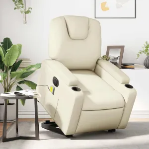 Electric Stand Up Massage Recliner Chair, Cream Faux Leather, Power Lift and Vibrating Massage, Comfortable Seating Experience