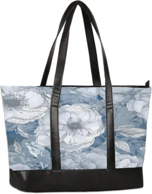 Elegant Flower White Laptop Tote Bag for Women Lightweight Work Purse with Multiple Compartments Fits 13-15.6 Inch Laptop Tablet Shoulder Bag for Office Travel Daily Use